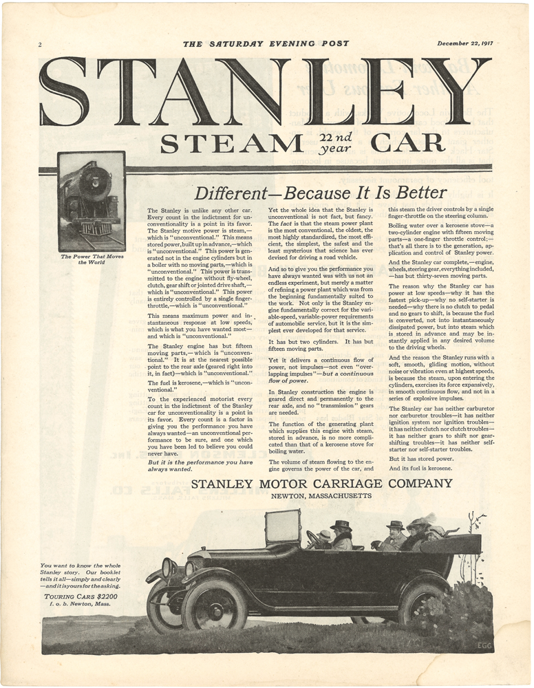 Stanley  Motor Carriage Company, December 22, 1917, p 1 Saturday Evening Post